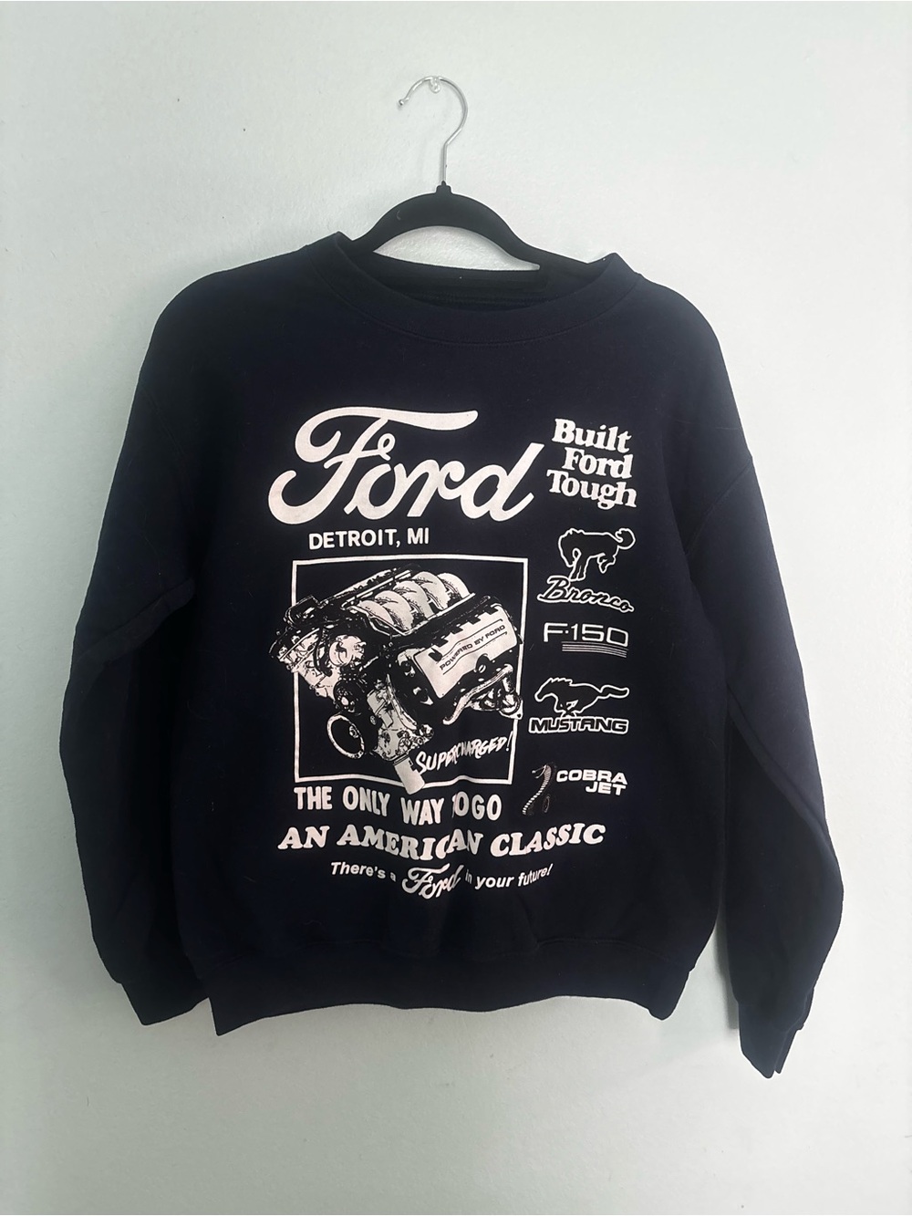 Ford Black Crewneck Sweatshirt with White Engine Graphic